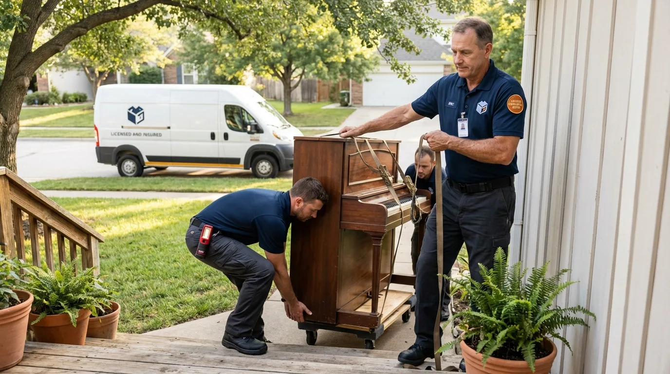 Licensed piano movers securing grand piano in Falfurrias, TX