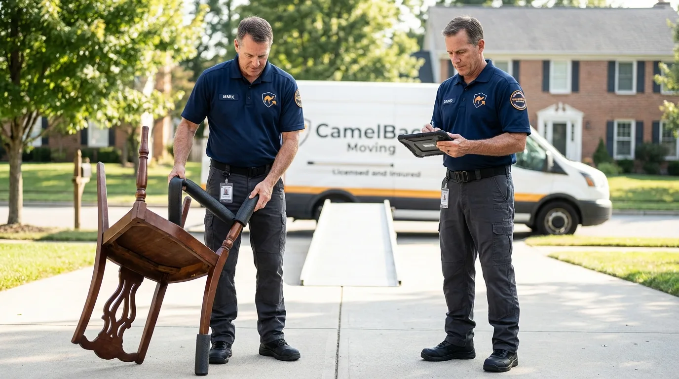 Movers inspecting furniture for damage prevention before loading in Falfurrias, TX