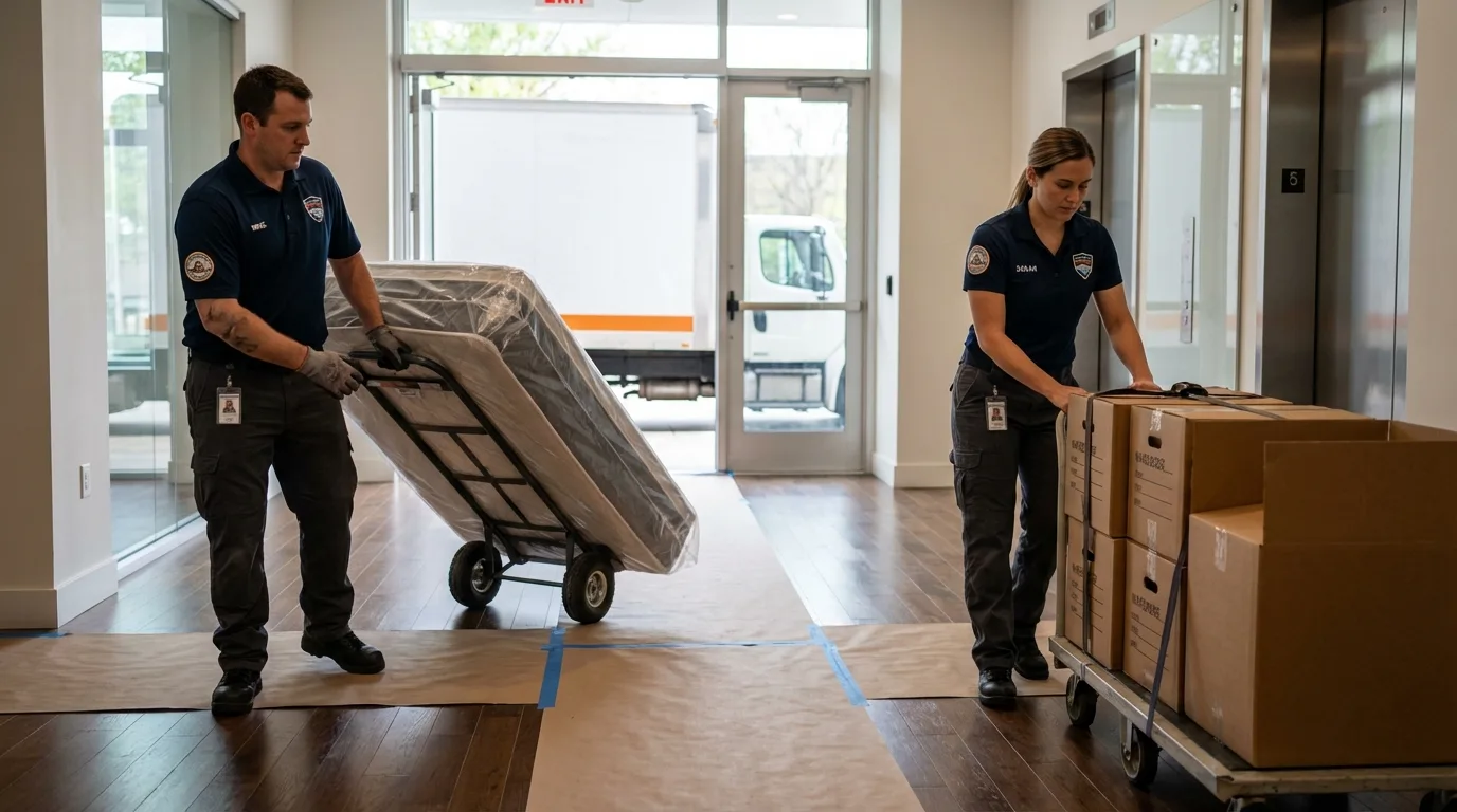 Professional apartment movers loading elevator in Falfurrias, TX