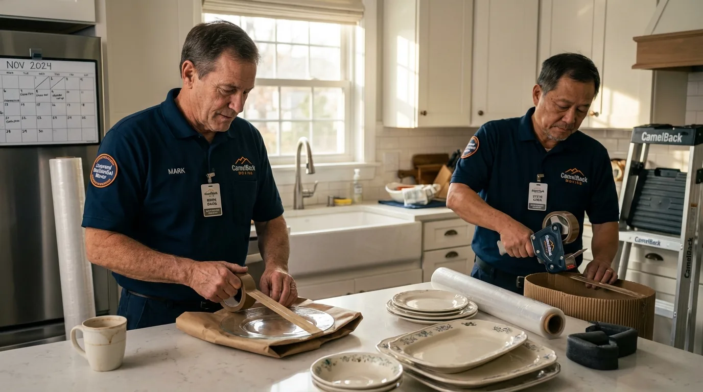 Professional crew packing kitchen dishware in Falfurrias, TX